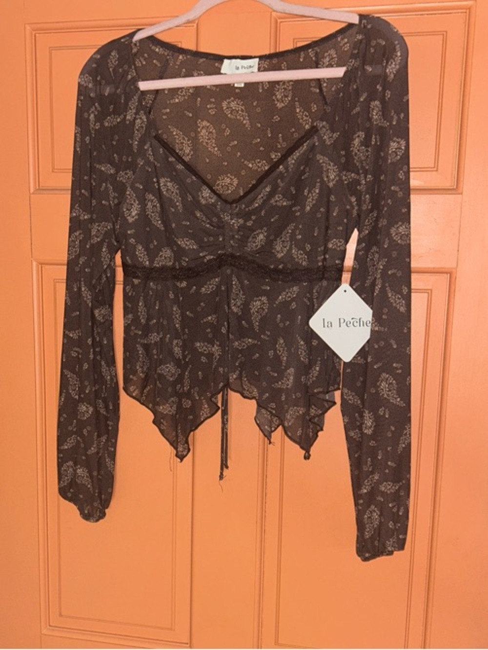 La Peche Paisley Brown Fairy Long Sleeve Mesh Top NWT